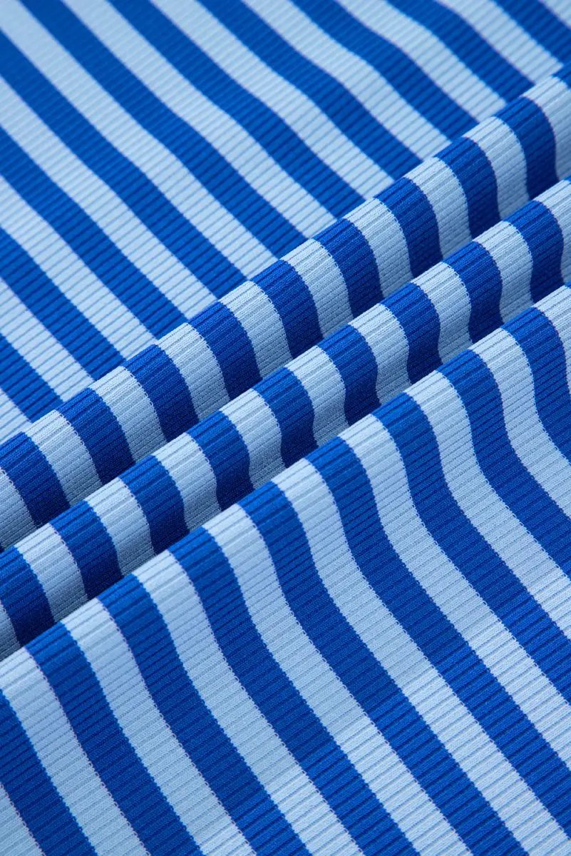 Sky Blue Stripe Ribbed Cap Sleeve Round Neck T Shirt for Women - Love Salve